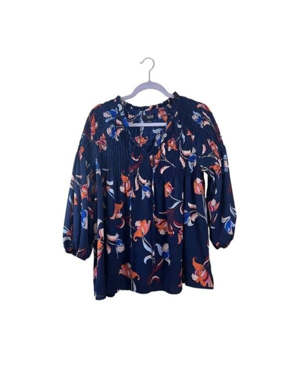 Ana Womens' Blue 3/4 Sleeve floral detail blouse size Large
